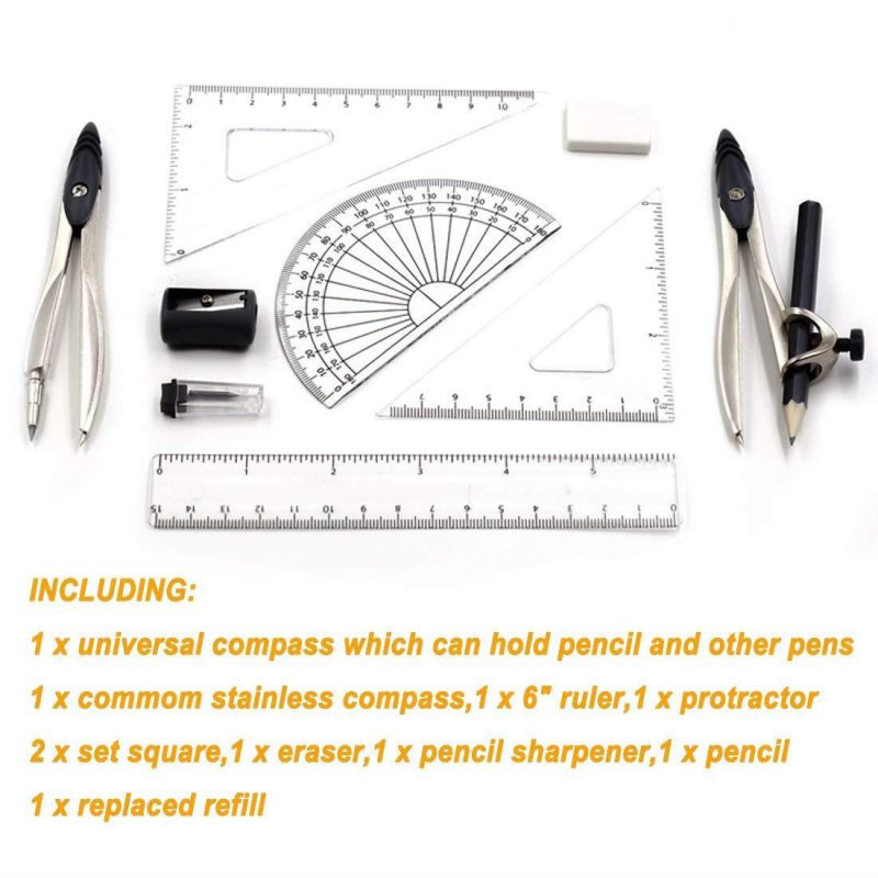 Compass Maths,SAYEEC 10 Piece Set Compact Universal Compass with Pencil Precision Drawing Set in Tin Box