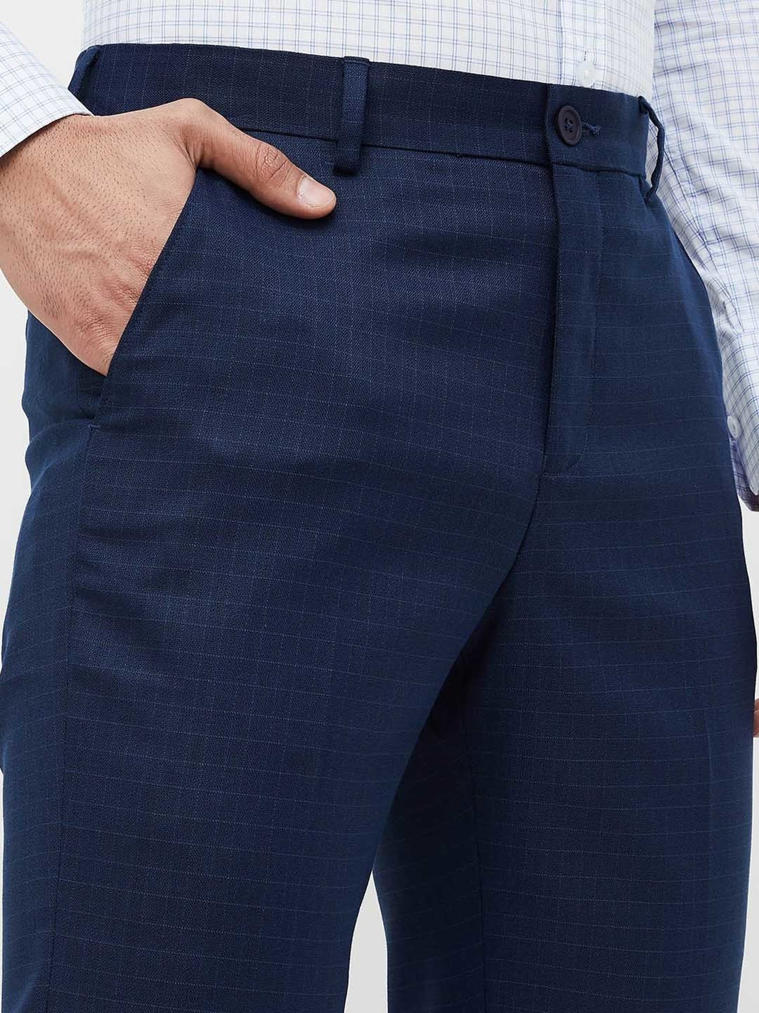 Code by Lifestyle Navy Slim Fit Check Flat Front Trousers