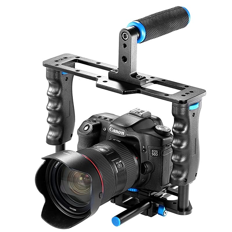Aluminum Alloy Camera Video Cage Film Movie Making Kit include:(1)Video Cage(1)Top Handle Grip(2)15mm Rod for DSLR Cameras Such as Canon 5D mark II III 700D 650D Nikon D7200 Pentax Sony Olympus
