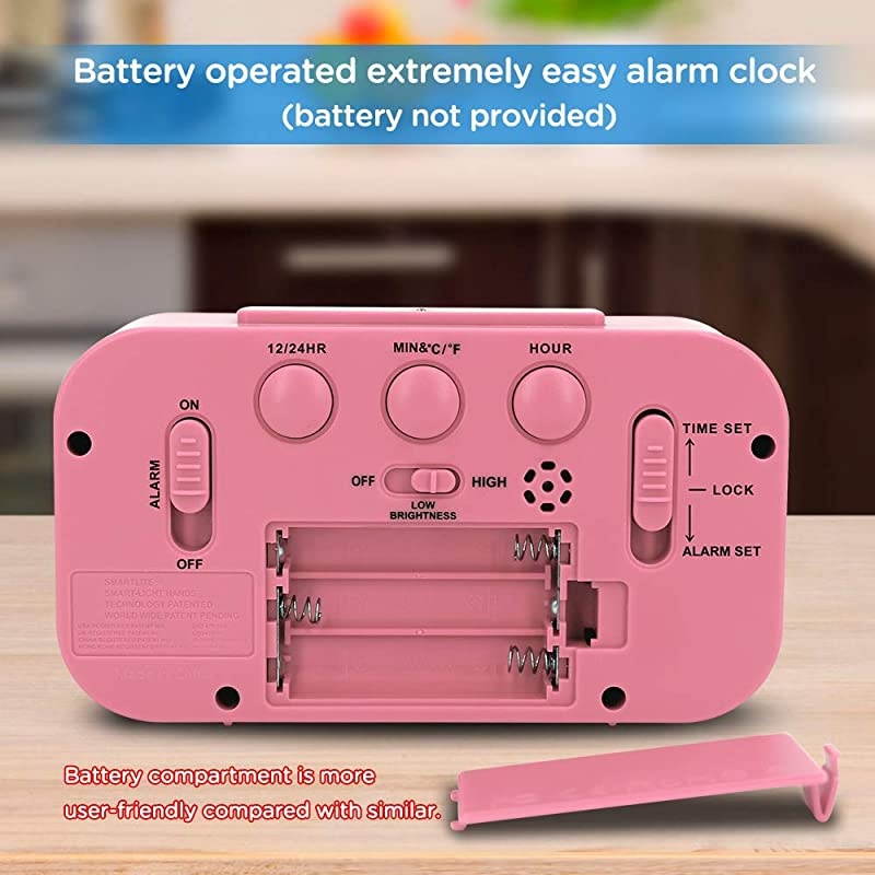 Smart Night Light Digital Alarm Clock with Indoor Temperature, Battery Operated Desk Small Clock (Pink)