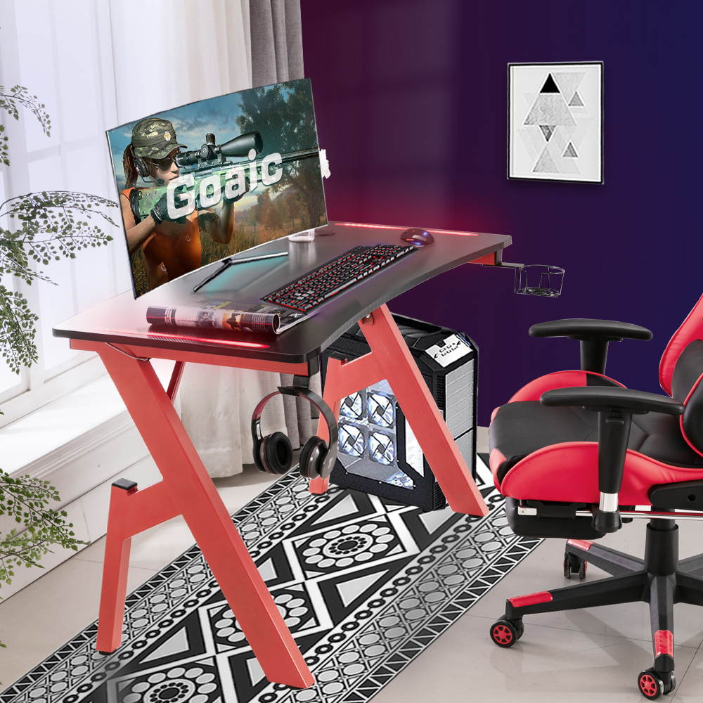 Goaic 47 Inch Gaming Desk with LED Lights Gaming Table Ergonomic PC Computer Desk , Professional Gamer Desk with Large Carbon Fiber Surface, Home Office Game Table with Cup Holder & Headphone Hook