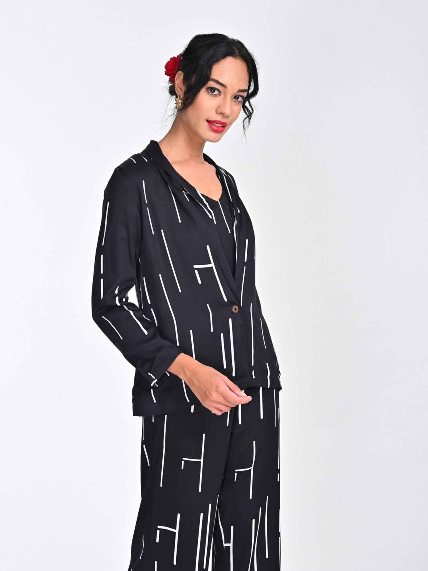 Saltpetre Women Modal Cedar Print Black Shawl Collar Blazer