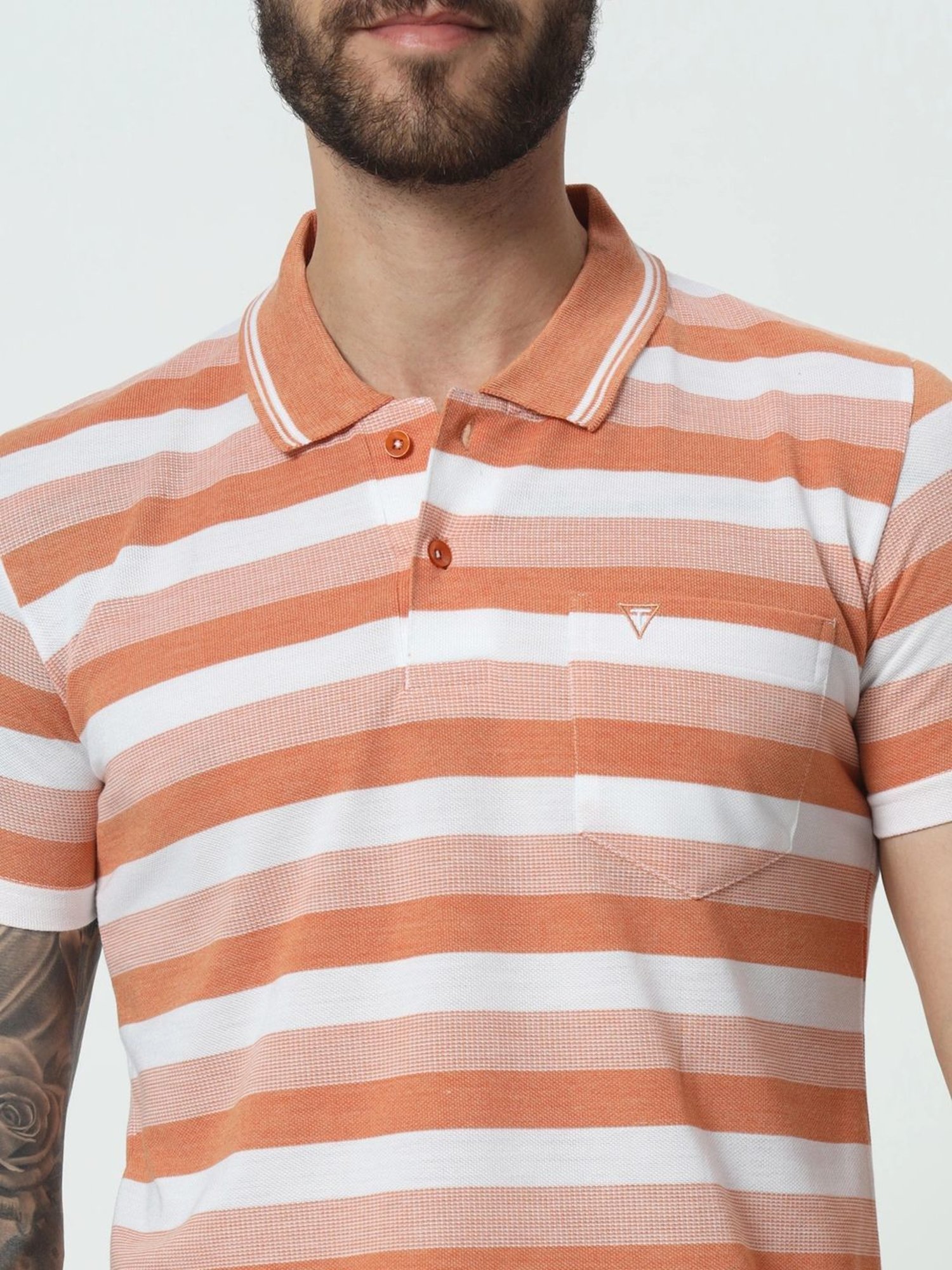 Tab91 Orange Regular Fit Striped Polo T-Shirts