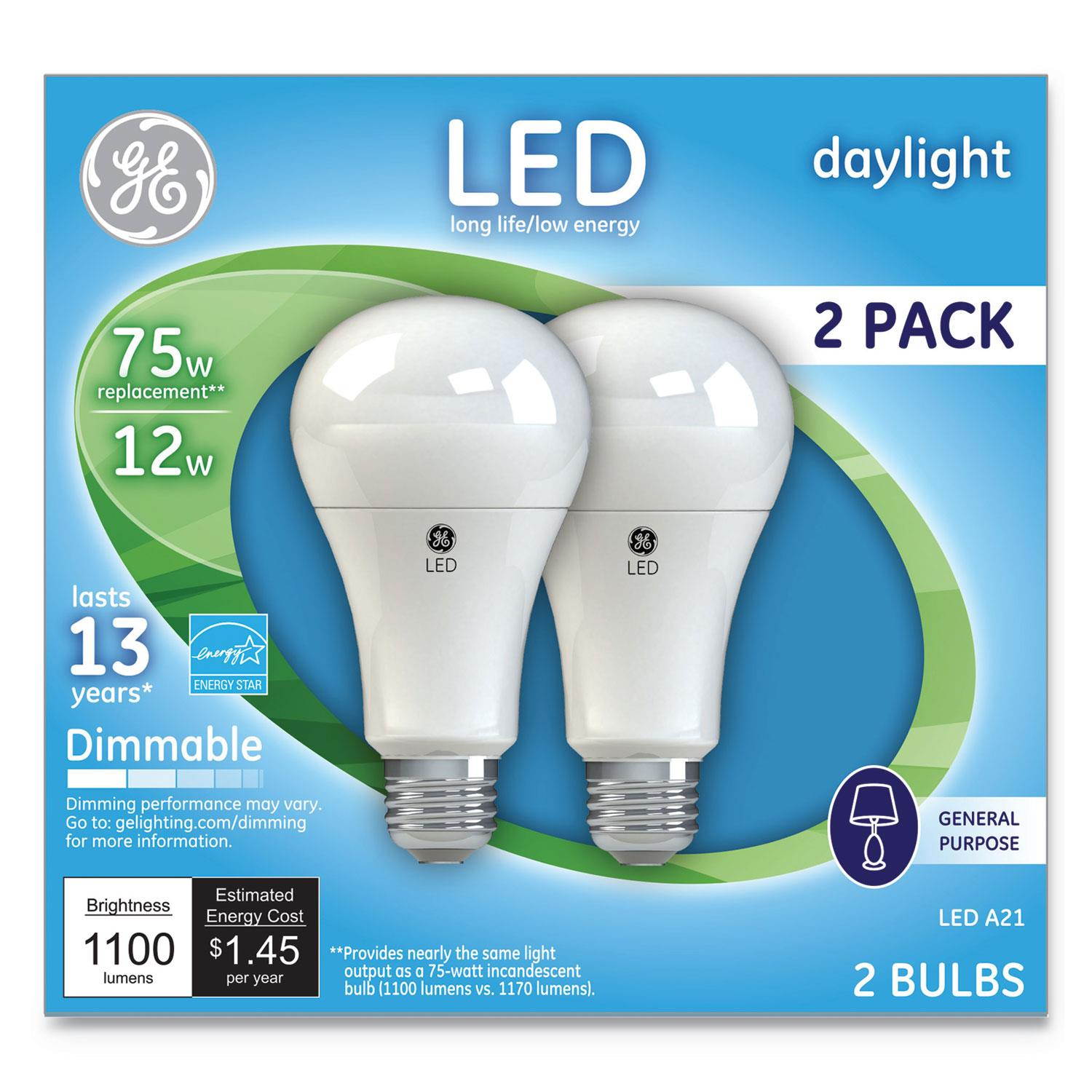 GE LED Daylight A21 Dimmable Light Bulb, 12 W, 2/Pack 66117