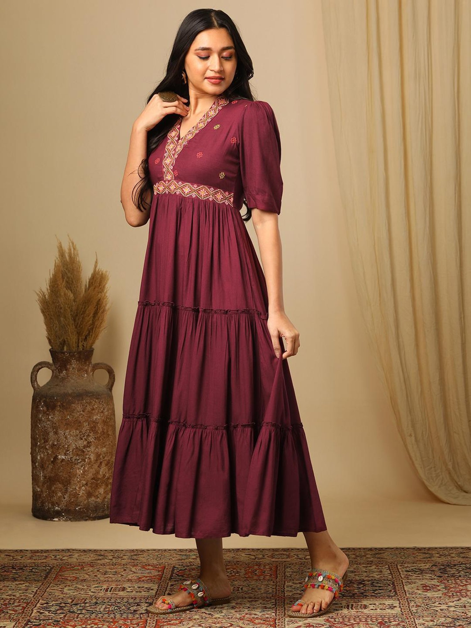 Globus Burgundy Embroidered Midi Dress
