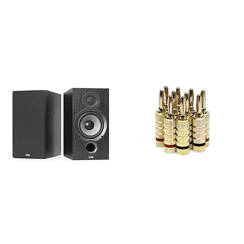 Debut 2.0 B6.2 Bookshelf Speakers, Black (Pair) & Monoprice Gold Plated Speaker Banana Plugs &ndash; 5 Pairs &ndash; Closed Screw Type, for Speaker Wire, Home Theater, Wall Plates and More