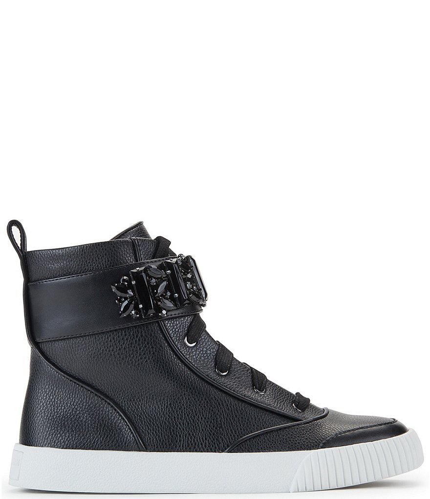 KARL LAGERFELD PARIS Jeren Lace Rhinestone Ankle Strap Leather Sneakers