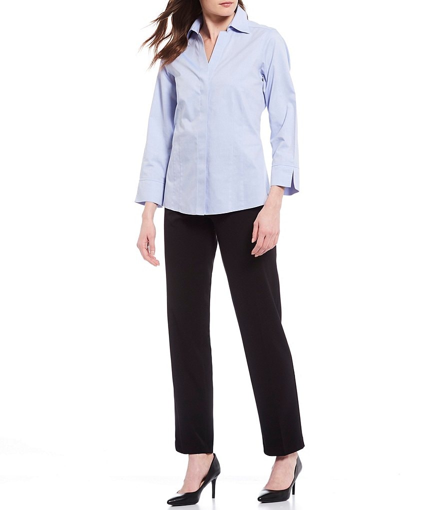 Investments Taylor Gold Label Non-Iron Point Collar Y-Neck 3/4 Sleeve Button Front Shirt