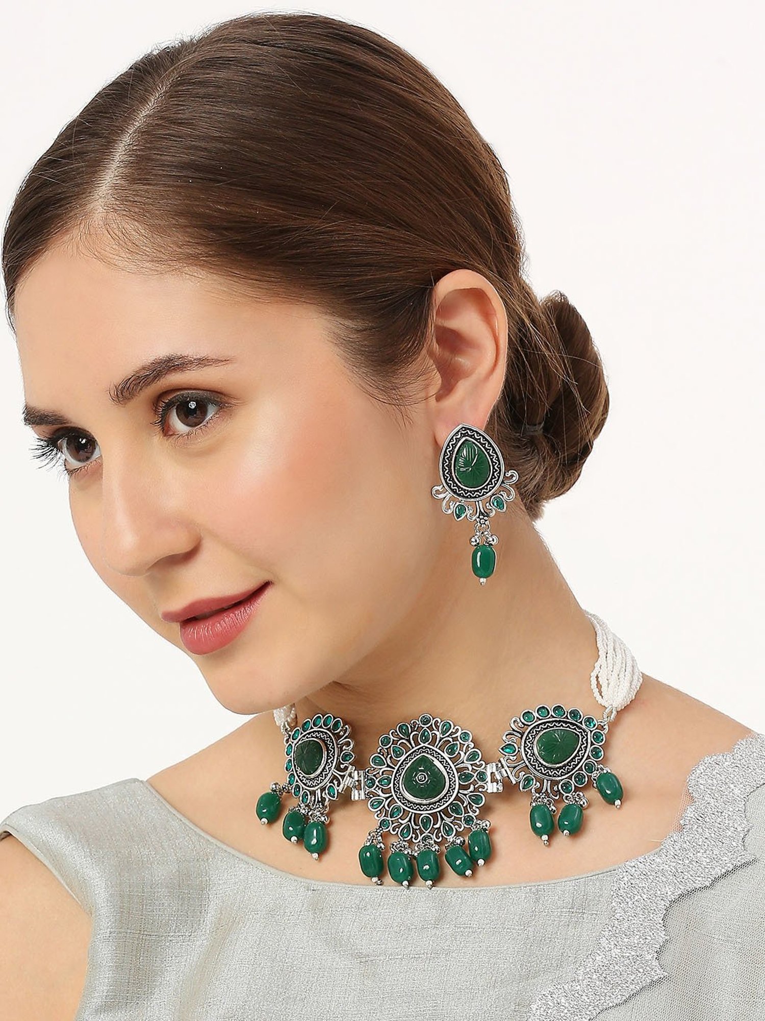 OOMPH Oxidized Silver Tone Maroon Pink Jaipur Stone Choker Necklace Set with Drop Earrings