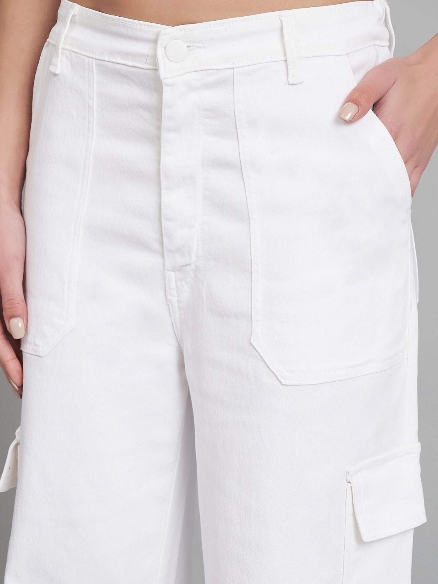 Angelfab White Cotton Relaxed Fit High Rise Cargo Jeans