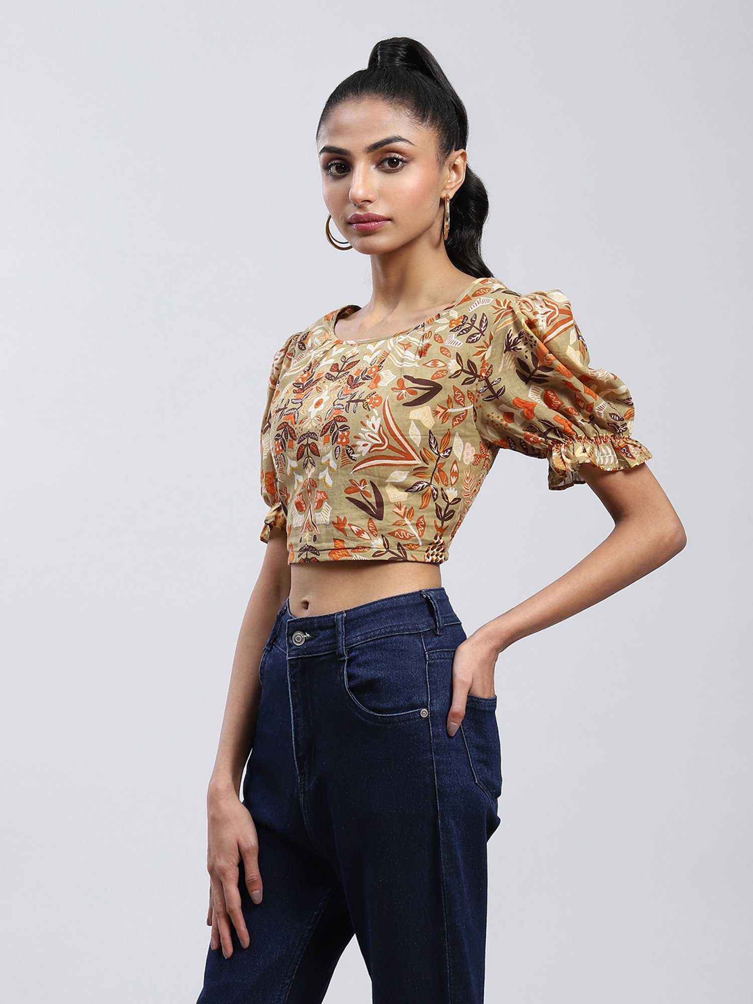 Label Ritu Kumar Khaki Floral Print Crop Top