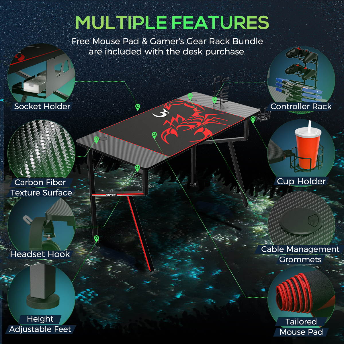 Eureka Gaming&reg; Captain K Series 47'' E-sport Desk, Home Office Gaming Computer Desk, K Shaped Gamer Workstation with Free Controller Stand, Cup Holder, Headphone Hook & Mousepad, Black