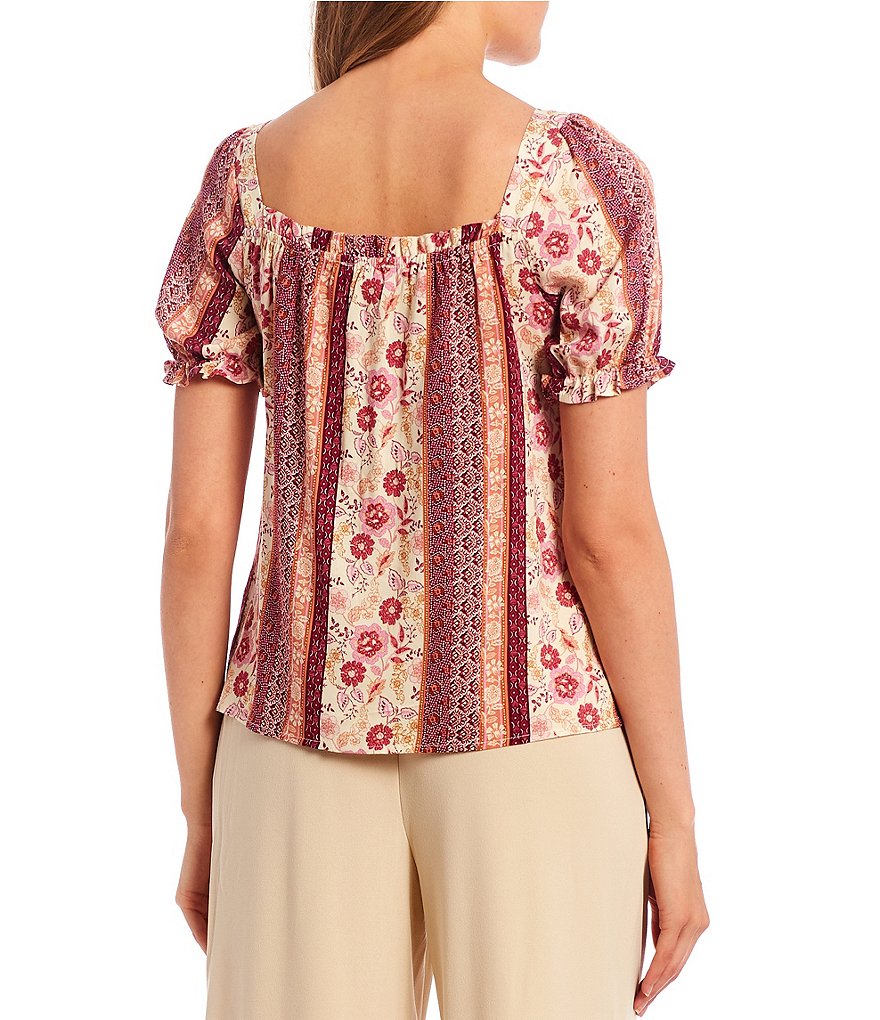 Love & Piece Flutter Short-Sleeve Scoop-Neck Patchwork Printed Tiered Peasant Top
