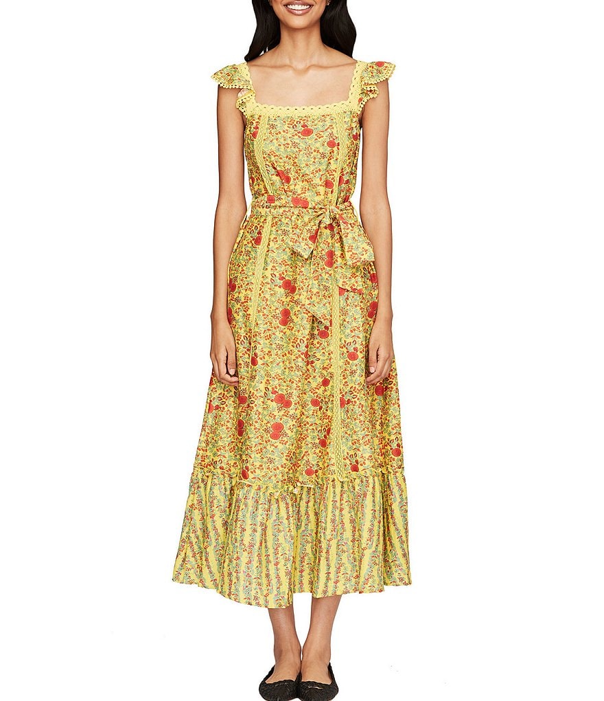 Roller Rabbit Ruffle Shoulder Cotton Voile Midi Square Neck Swing Dress