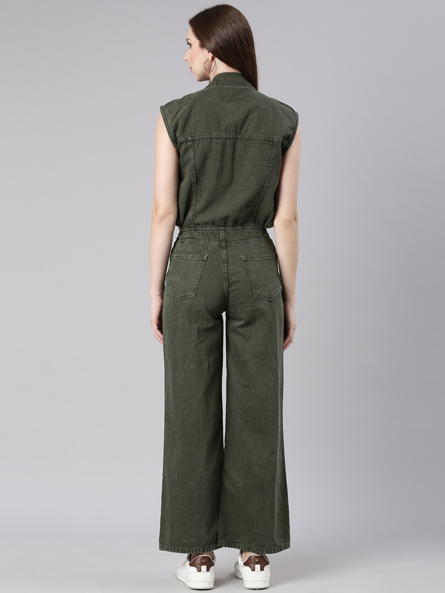 SHOWOFF Olive Denim Maxi Jumpsuit