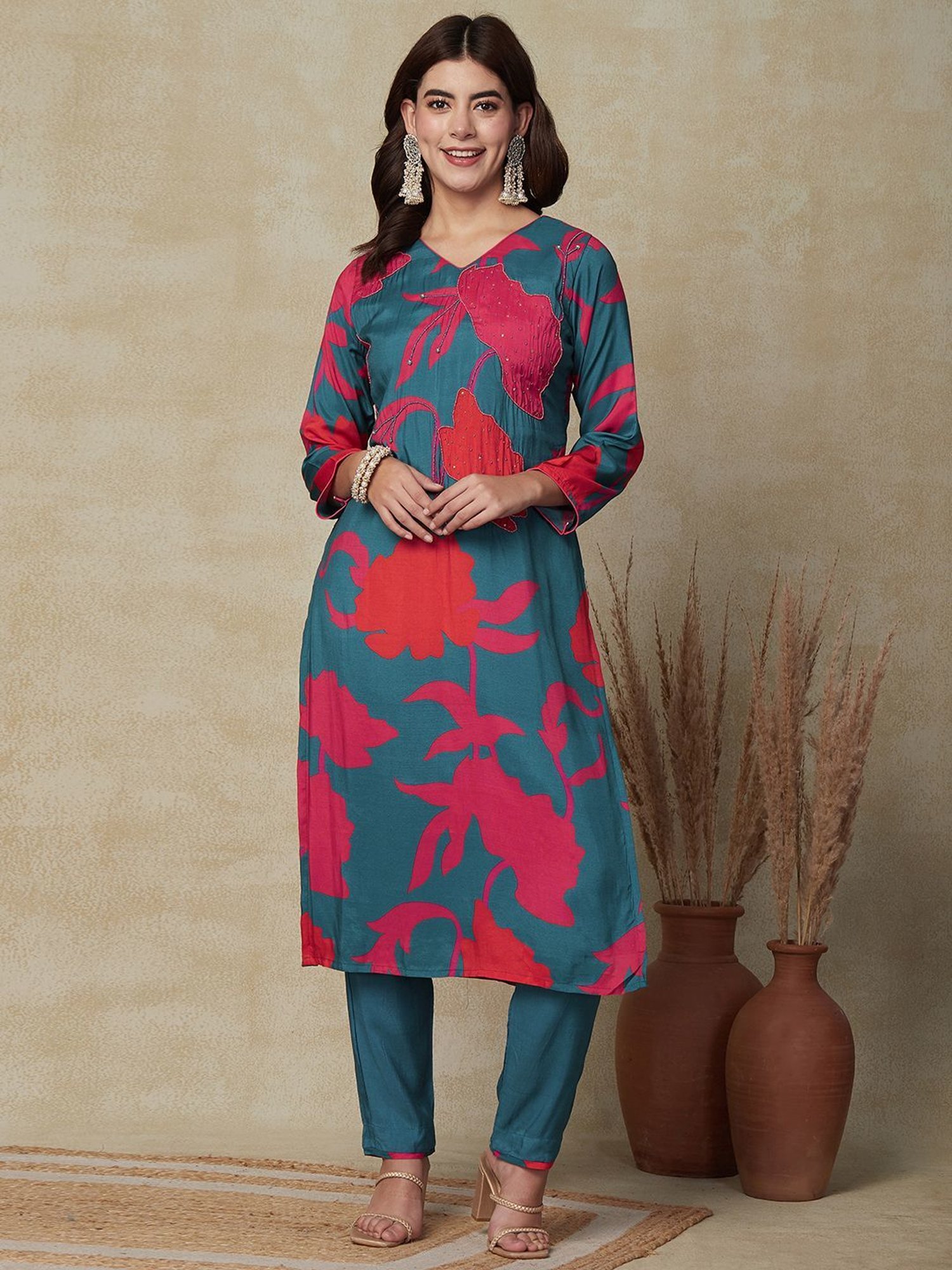 Fashor Teal Blue Printed Kurta Pant Set With Dupatta