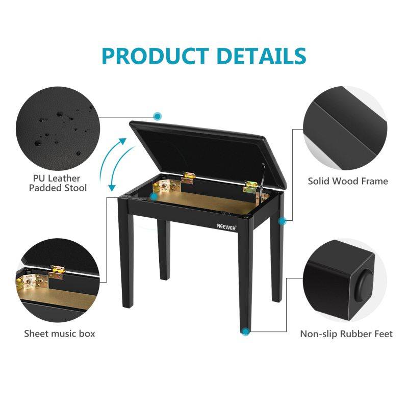 Neewer Wooden Piano Bench Stool with Sheet Music Storage Black Solo Seat PU Leather Cushion, Solid Hard Wood Construction DX10