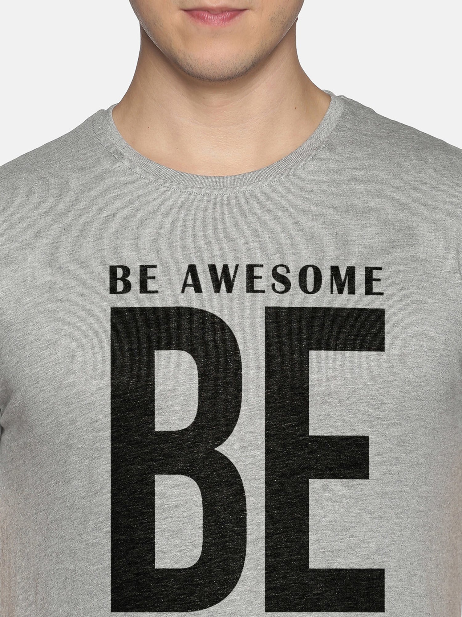 BLACK RADIO Grey Melange Slim Fit Printed Cotton Crew T-Shirt