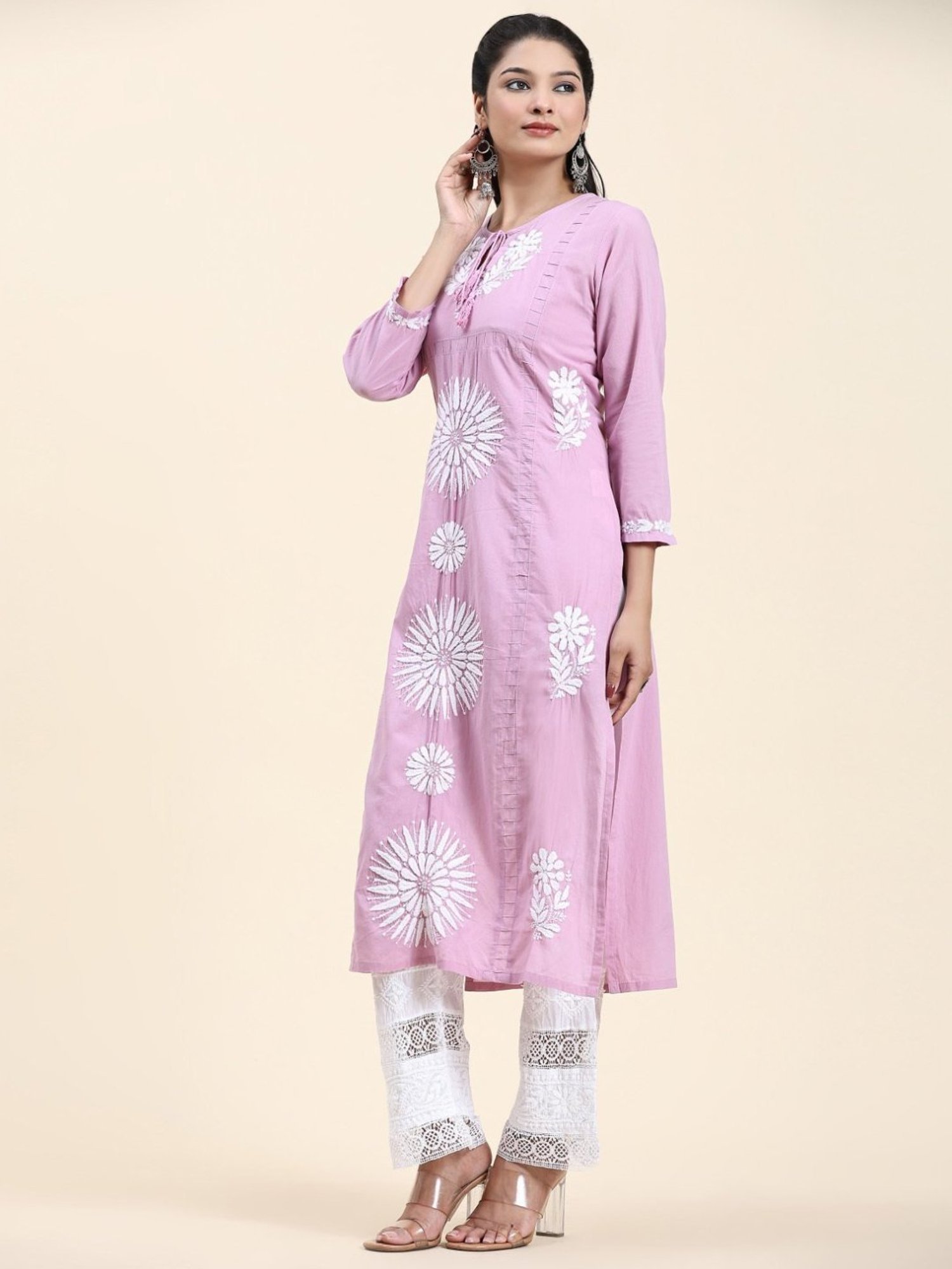 House Of Kari Samma Chikankari Long Kurti In Cotton for Women- Lavender