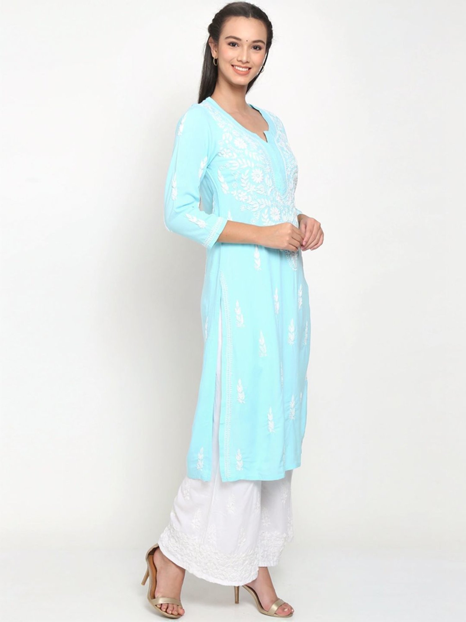 PARAMOUNT CHIKAN Aqua Blue Hand Embroidered Chikankari Straight Kurta