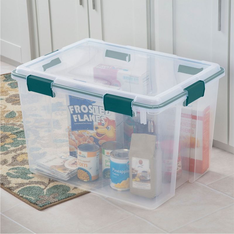 Sterilite 80 Quart Home Organization Kitchen Clear Plastic Gasket Box Storage Container Tote Bin with  Latched Lid, Clear/Teal Rain Green (4 Pack)