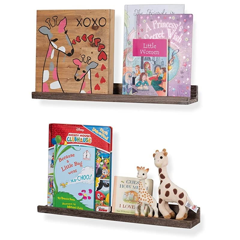 Ted Wall Mount Narrow Picture Ledge Shelf Display | 24 Inch Floating Wooden Shelves Distressed Brown Set of 2