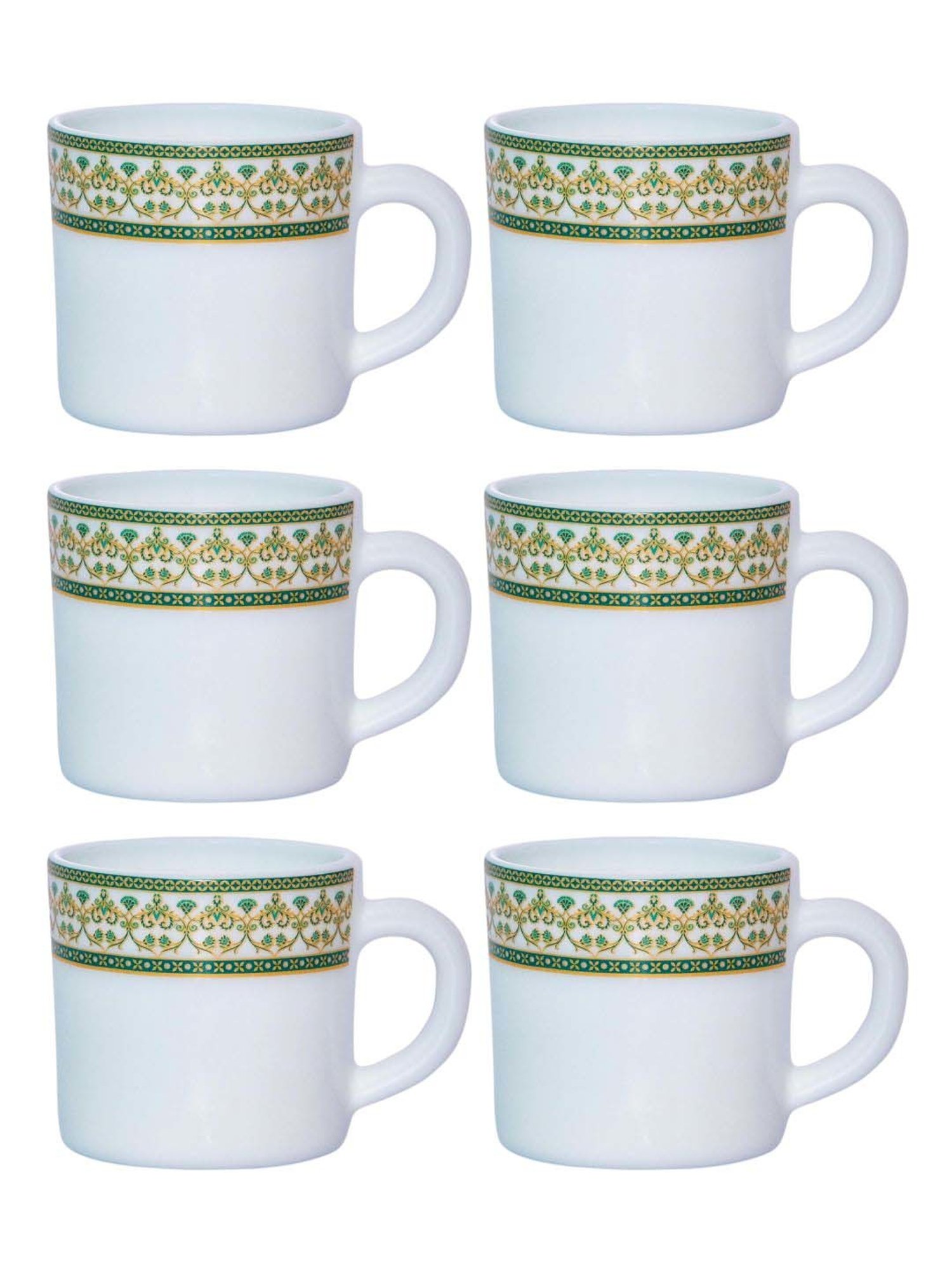 Cello White & Green Opalware Solitaire Tea Mug (0.18 L) - Set of 6