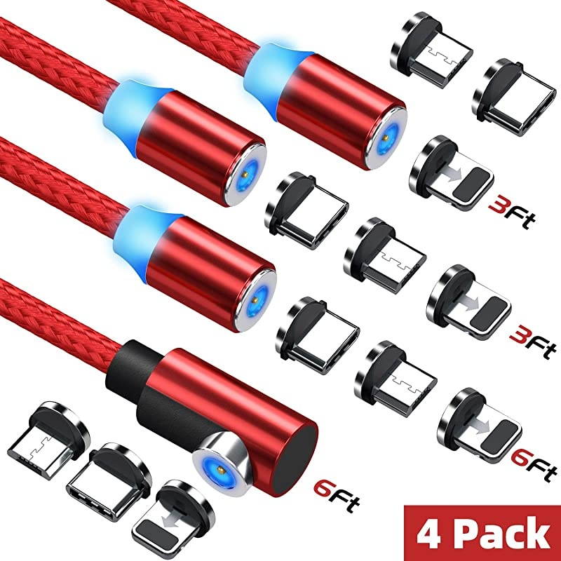 Magnetic Charging Cable  3 in 1 Magnetic Phone Charger Cable 4Pack 3ft3ft6ft6ft Nylon Braided Magnet Charger Cable Compatible with Micro USB Type C Smartphone and iProduct Device Red