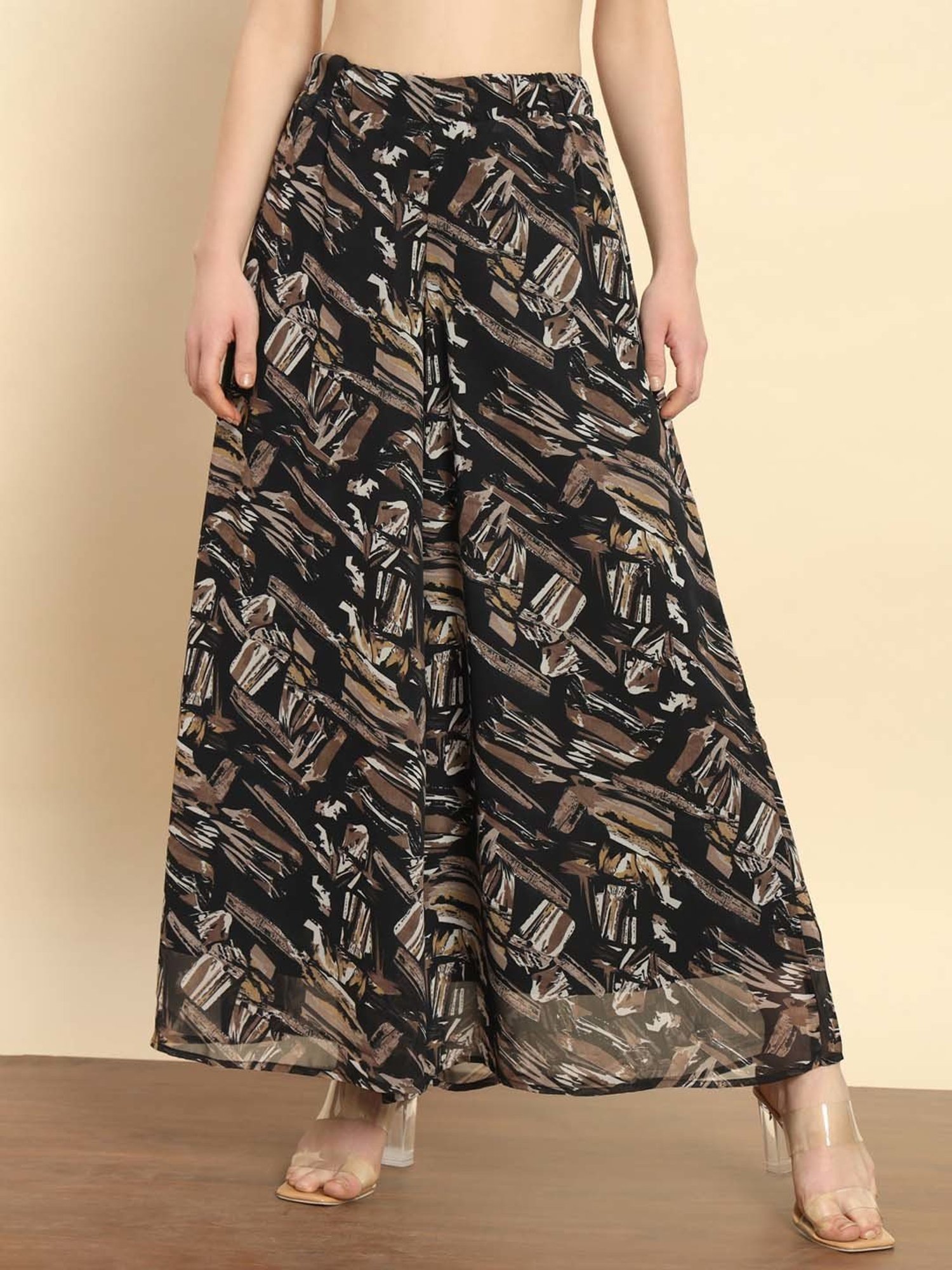 Trend Arrest Black Printed Flared Fit High Rise Palazzos