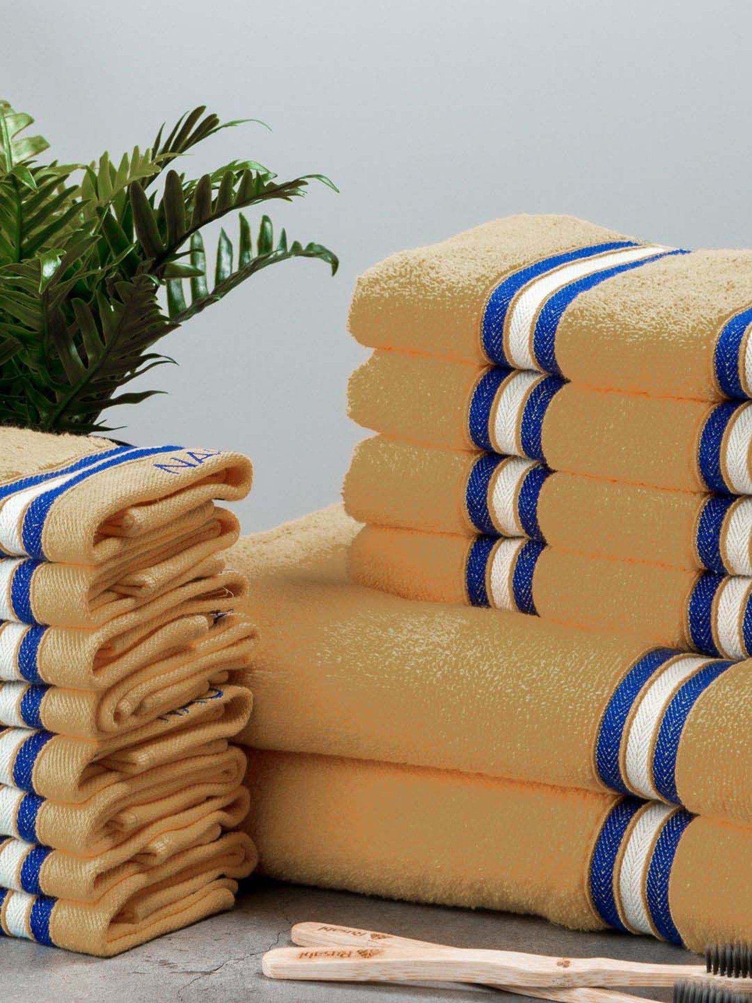 Nautica Vintage Crew Stripe Beige Cotton 500 GSM Super Soft Zero Twist Towel Set - 14 Pcs