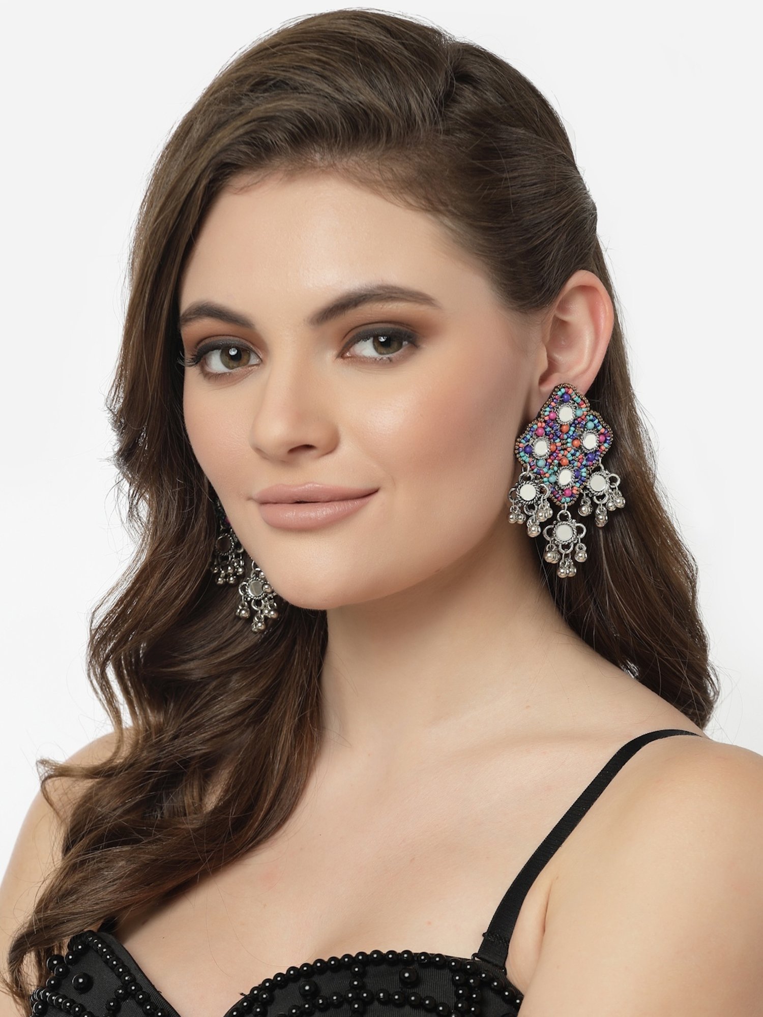 Moedbuille Multi Beads & Mirrors Studded Afghan Design Oxidized Silver-Plated Drop Earrings