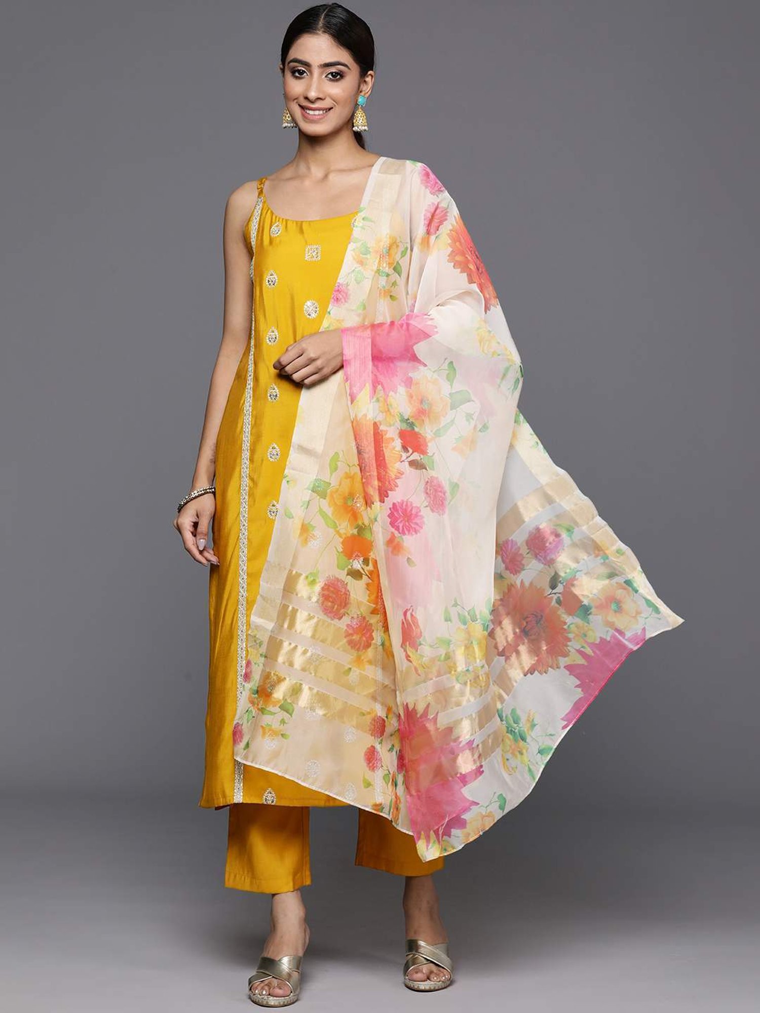 Varanga Mustard Embroidered Kurta Pant Set With Dupatta