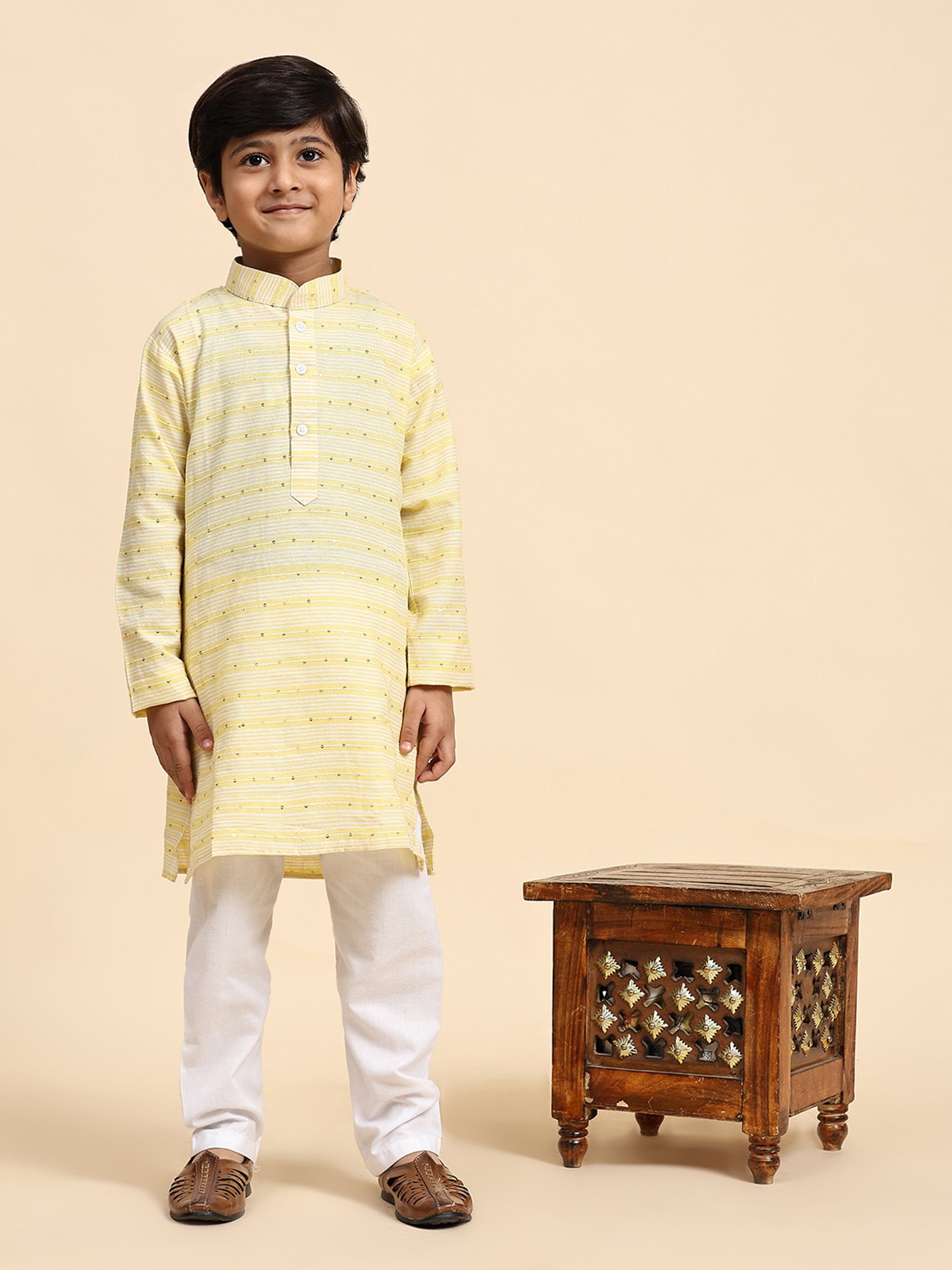 Pro-Ethic Style Developer Kids Yellow & White Embellished Full Sleeves Kurta with Pyjamas