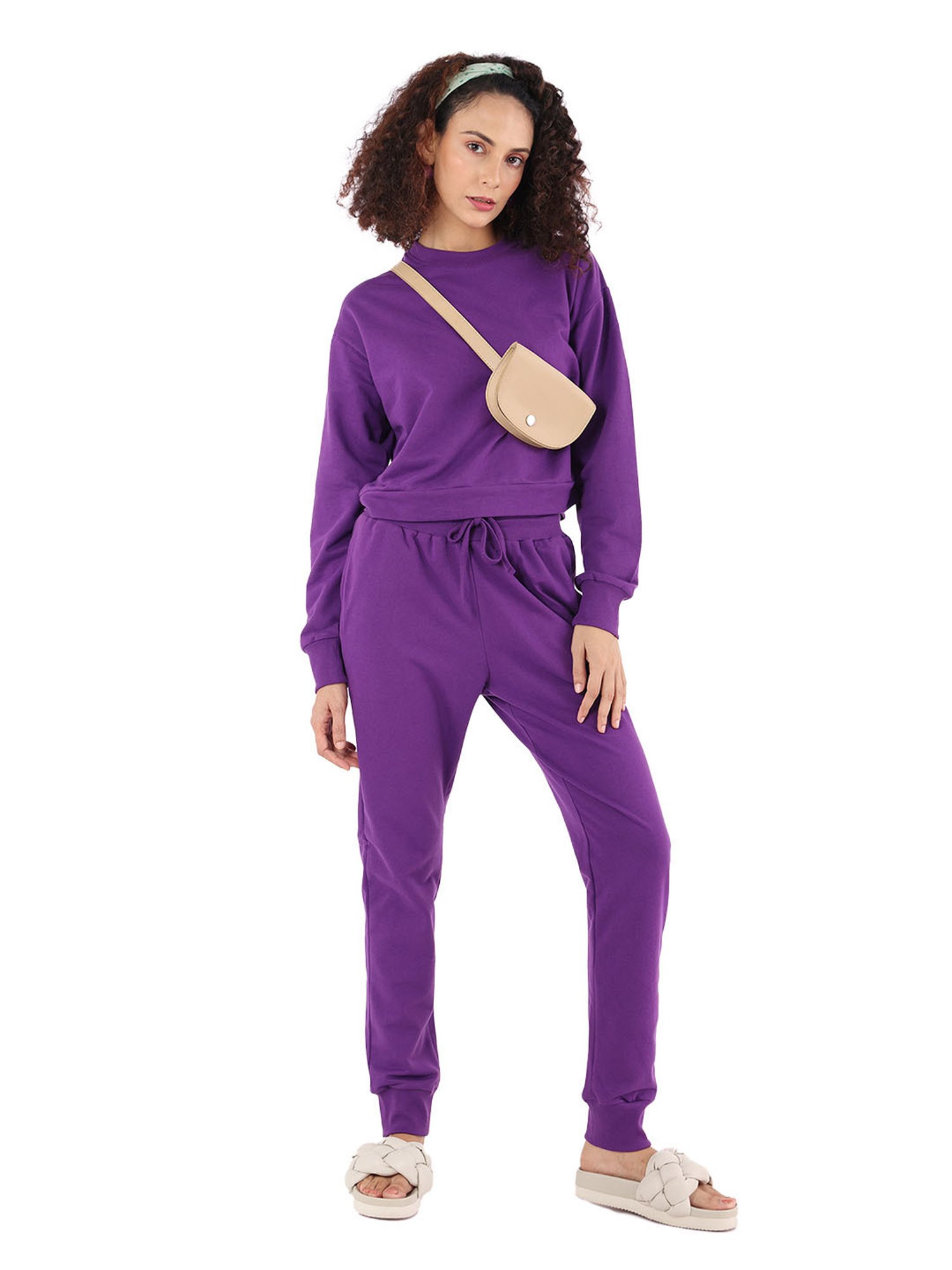 Nite Flite Purple Cotton Crop Sweatshirt With Joggers
