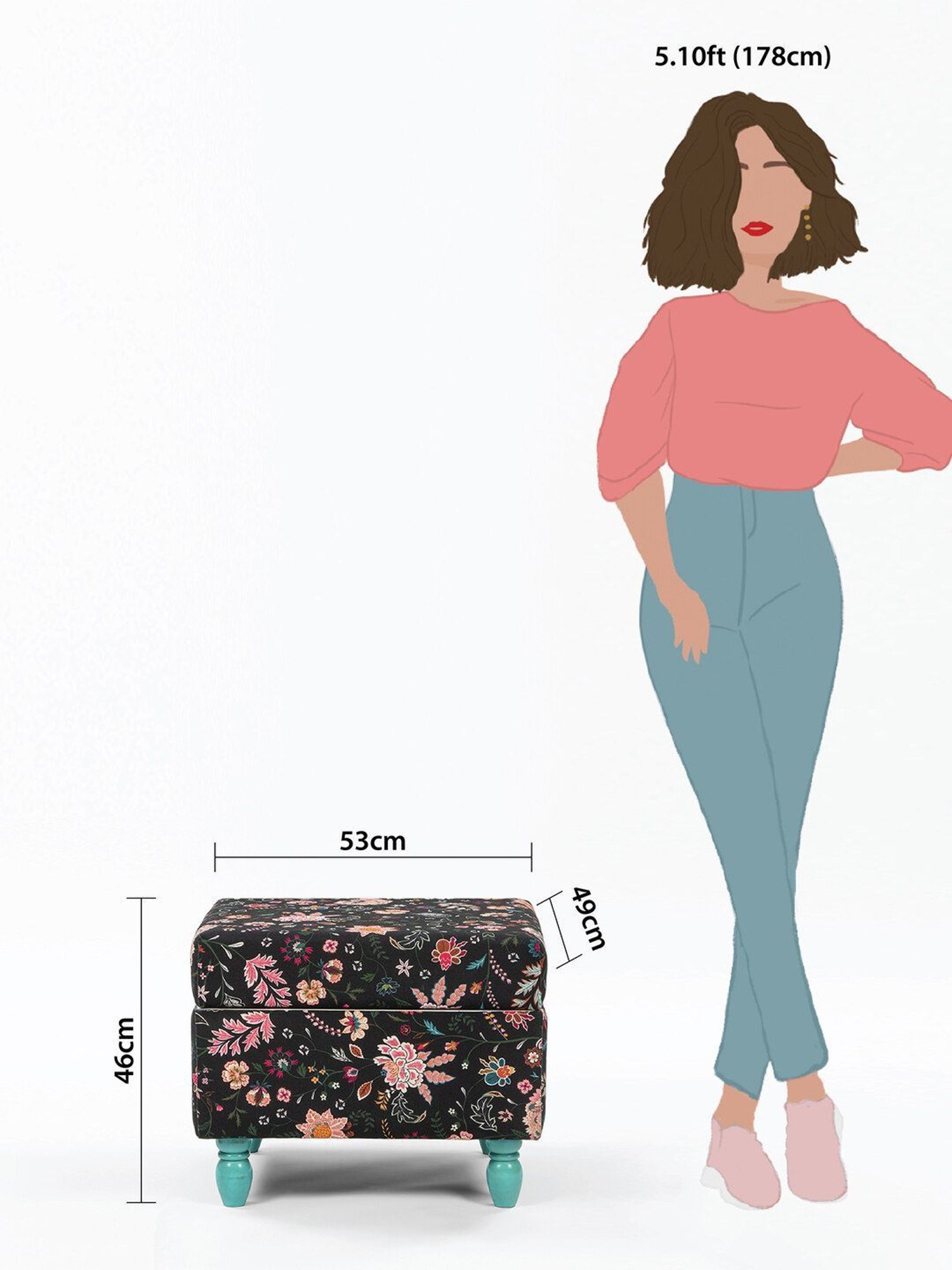 Chumbak Bohemian Floral Black Sheesham Wood Modern Trunk Storage Ottoman