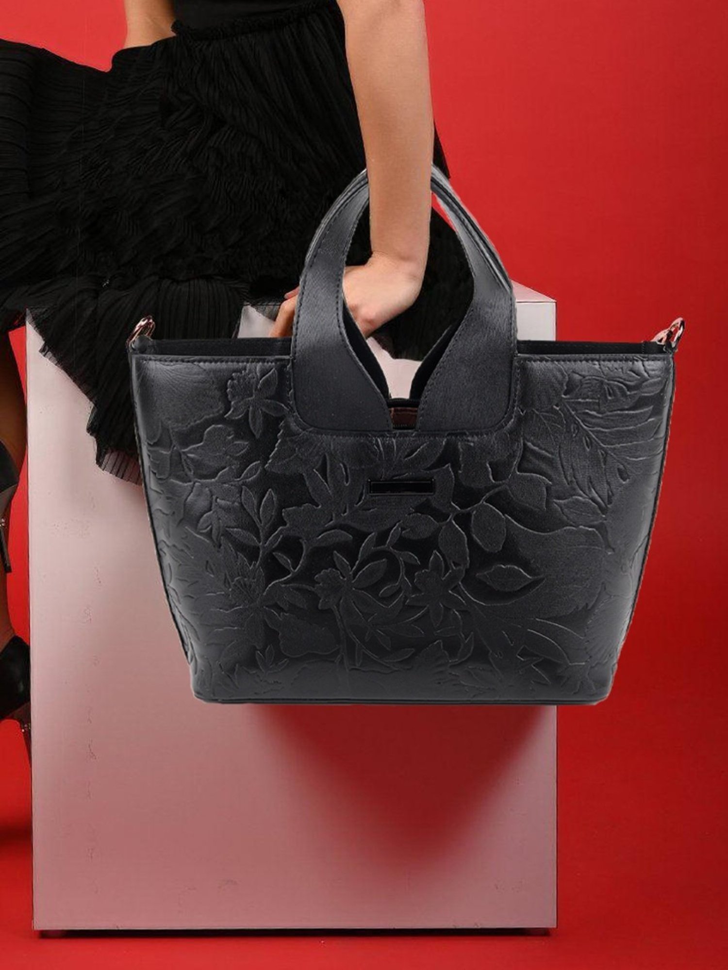 Odette Black Floral Tote Handbag