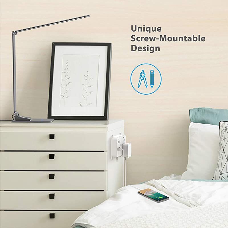 Power Strip with Long Cord  Wall Mountable 10ft Outlet Extender with 3 USB Ports 3 Widely Spaced Flat Plug Outlets Desktop Charging Station for Dorm Room Nightstand Office White