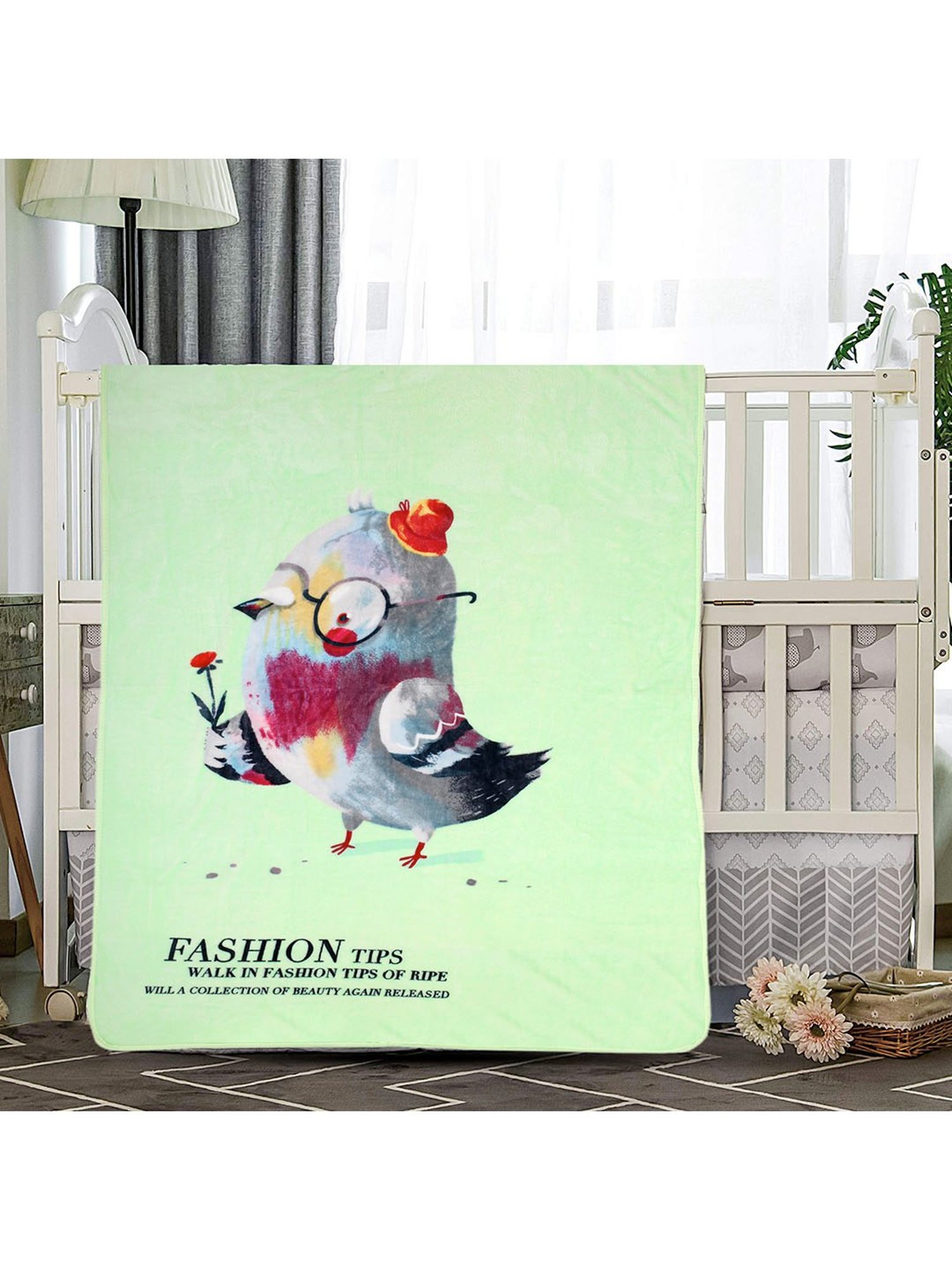 Baby Moo Little Birdy Fashion Tips Green One Ply Blanket