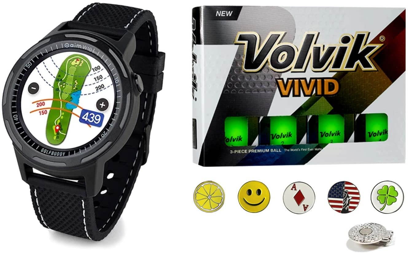 Golf Buddy aim W10 Bluetooth Wireless Golf GPS Smartwatch Bundle with 1 Dozen Volvik Golf Balls, 5 Ball Markers and 1 Magnetic Hat Clip