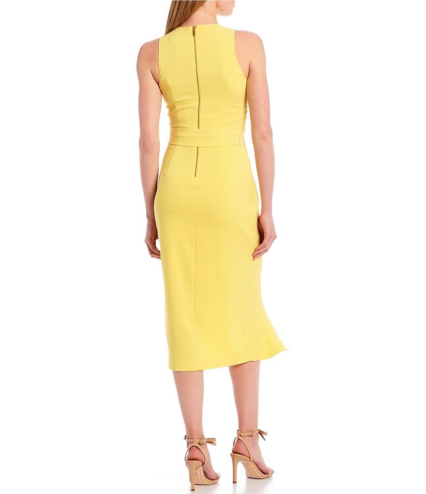 Laundry by Shelli Segal Ruffle Front Stretch Crepe Jewel Neck Sleeveless Faux Wrap Dress