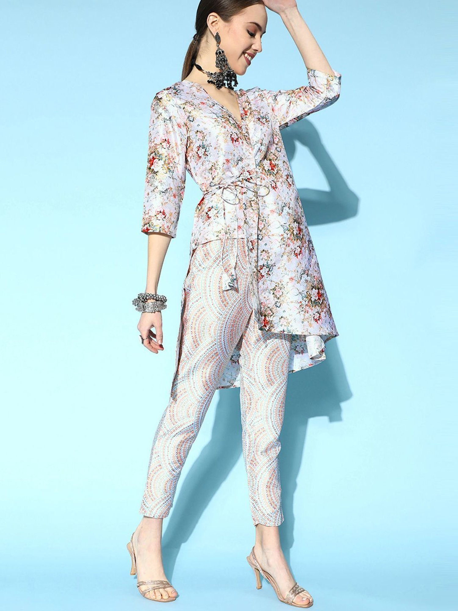 Ziyaa Blue Floral Print Kurti Pant Set