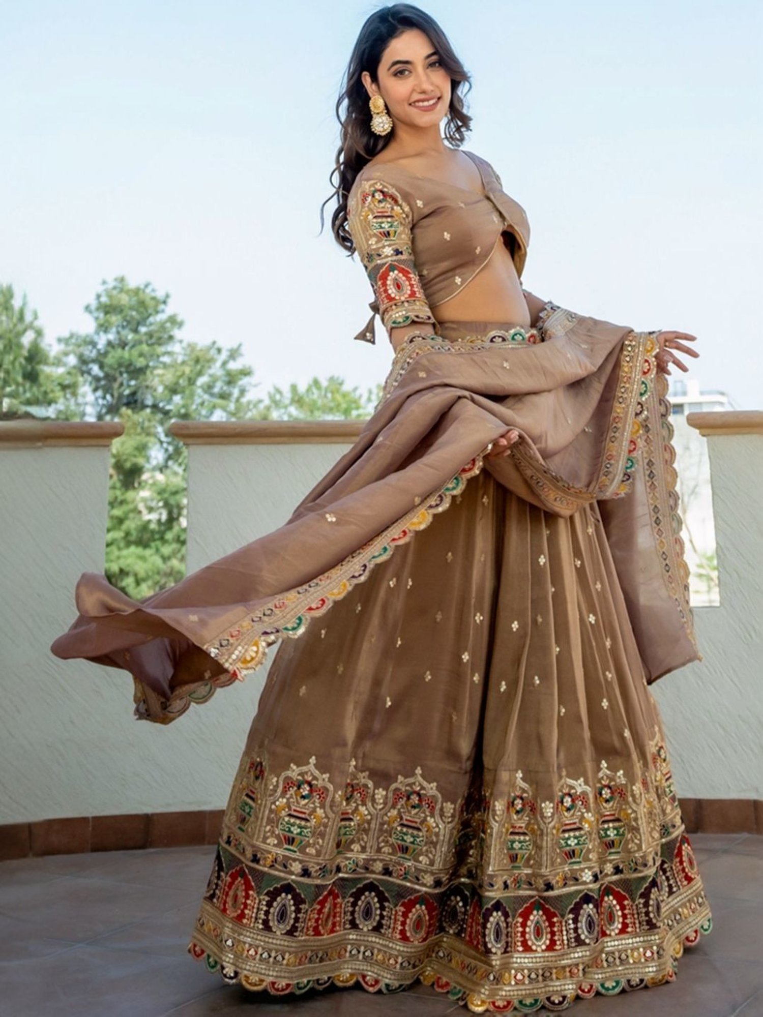 HOUSE OF JAMOTI Brown Embroidered Lehenga Choli Set With Dupatta