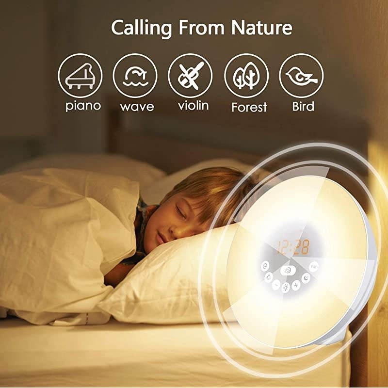 Alarm Clock Wake 6 Nature Sounds FM Radio Color Light Bedside Sunrise SimulatorTouch Control for Heavy SleepersWhite