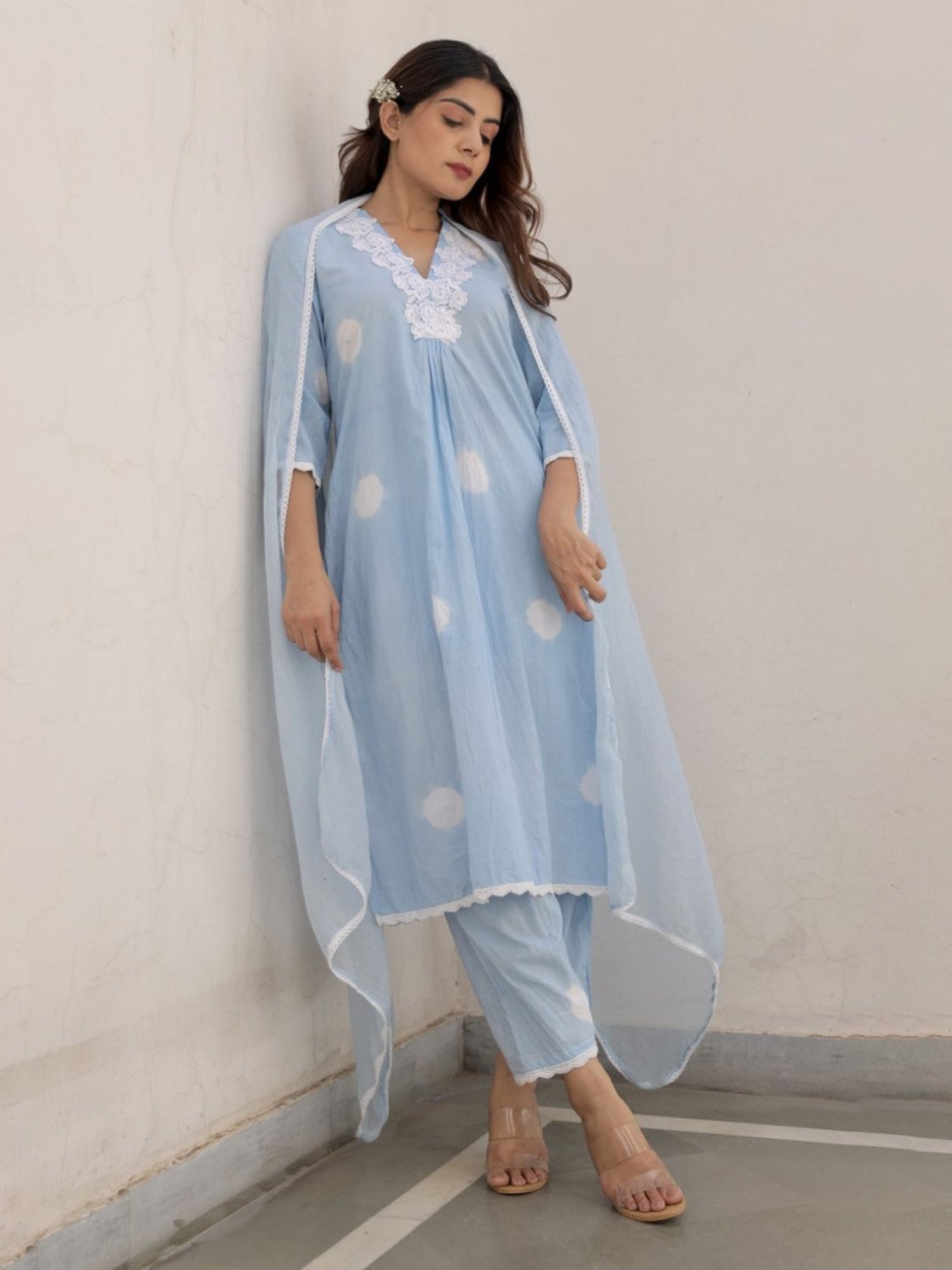 Asrumo Blue Sukoon Summer Cotton White Lace Straight Kurta with Pant and Doriya Dupatta Set