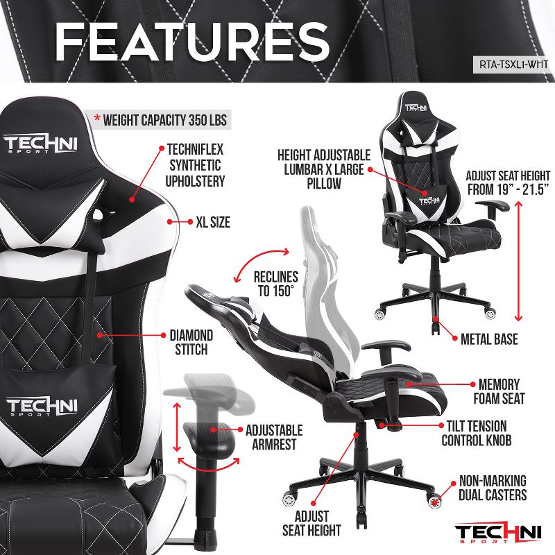 Ergonomic High Back Racer Style Video Gaming Chair White - Techni Sport