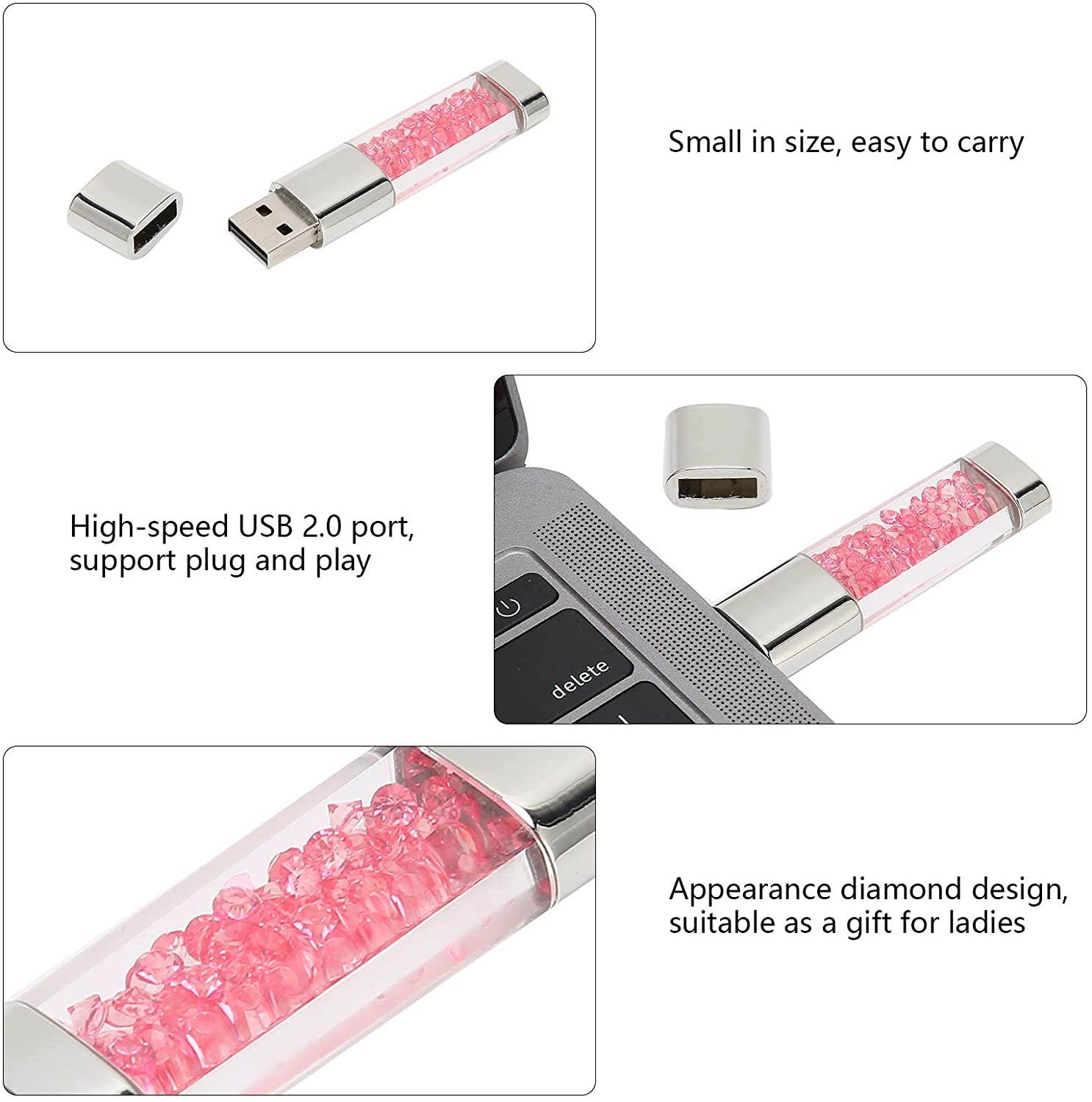 01 USB Flash Drive, U Disk Wear-Resistant High Speed (Spot-Crystal Rose Red, 32GB)