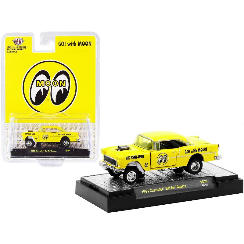 1955 Chevrolet Bel Air Gasser Bright Yellow "Mooneyes" Limited Edition to 8250 pieces 1/64 Diecast Model Car by M2 Machines