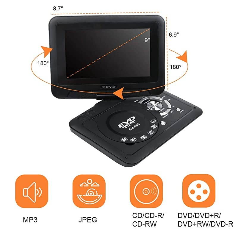 98quot Portable DVD Player Supports SD CardUSB PortCDDVD Rede Controller2 Hour Rechargeable Battery 9quot EyeProtective Screen Support AVinOutRegion Free Black