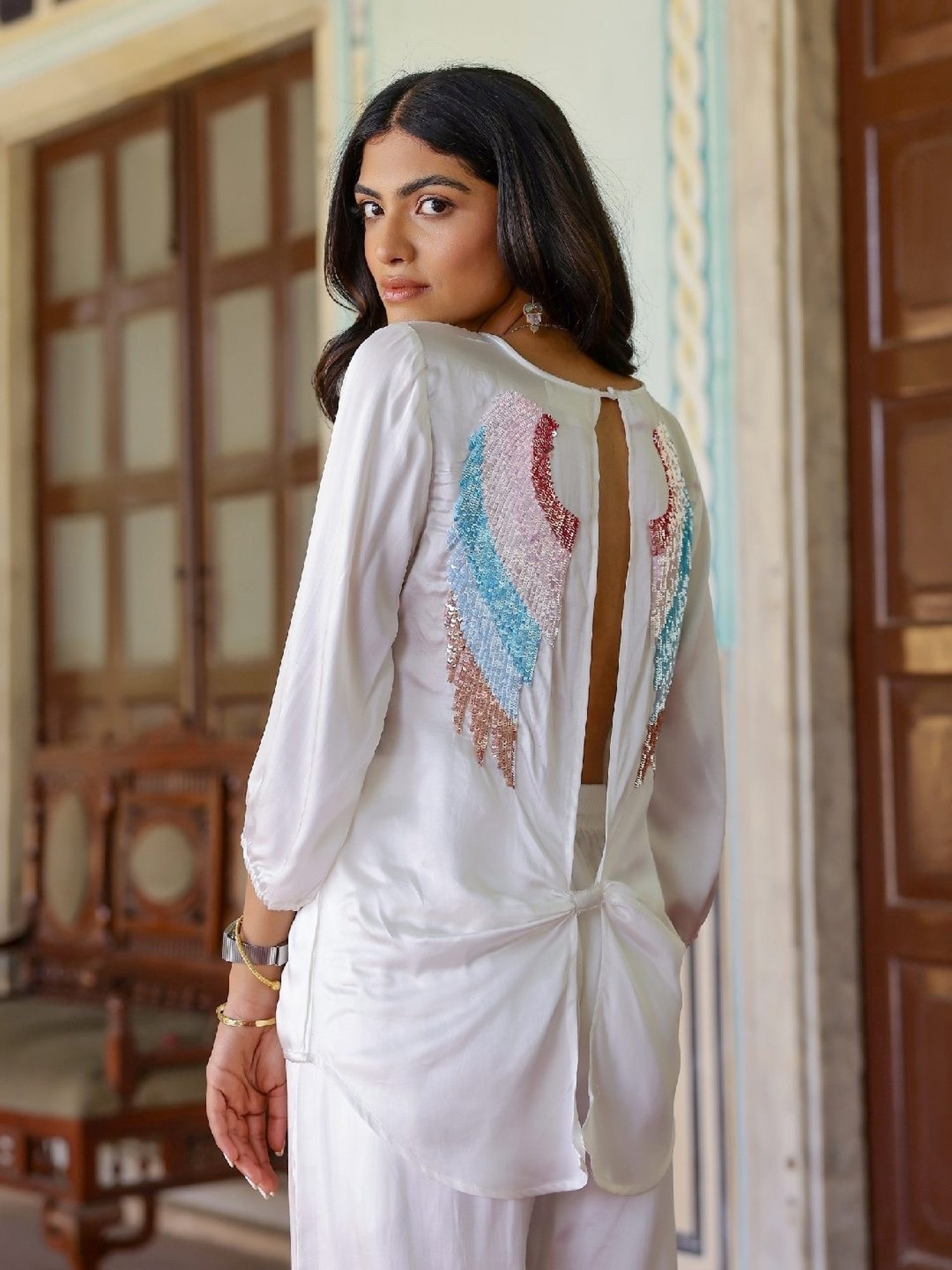 Gulaal White Satin Angel Wing Sequin Top and Pants