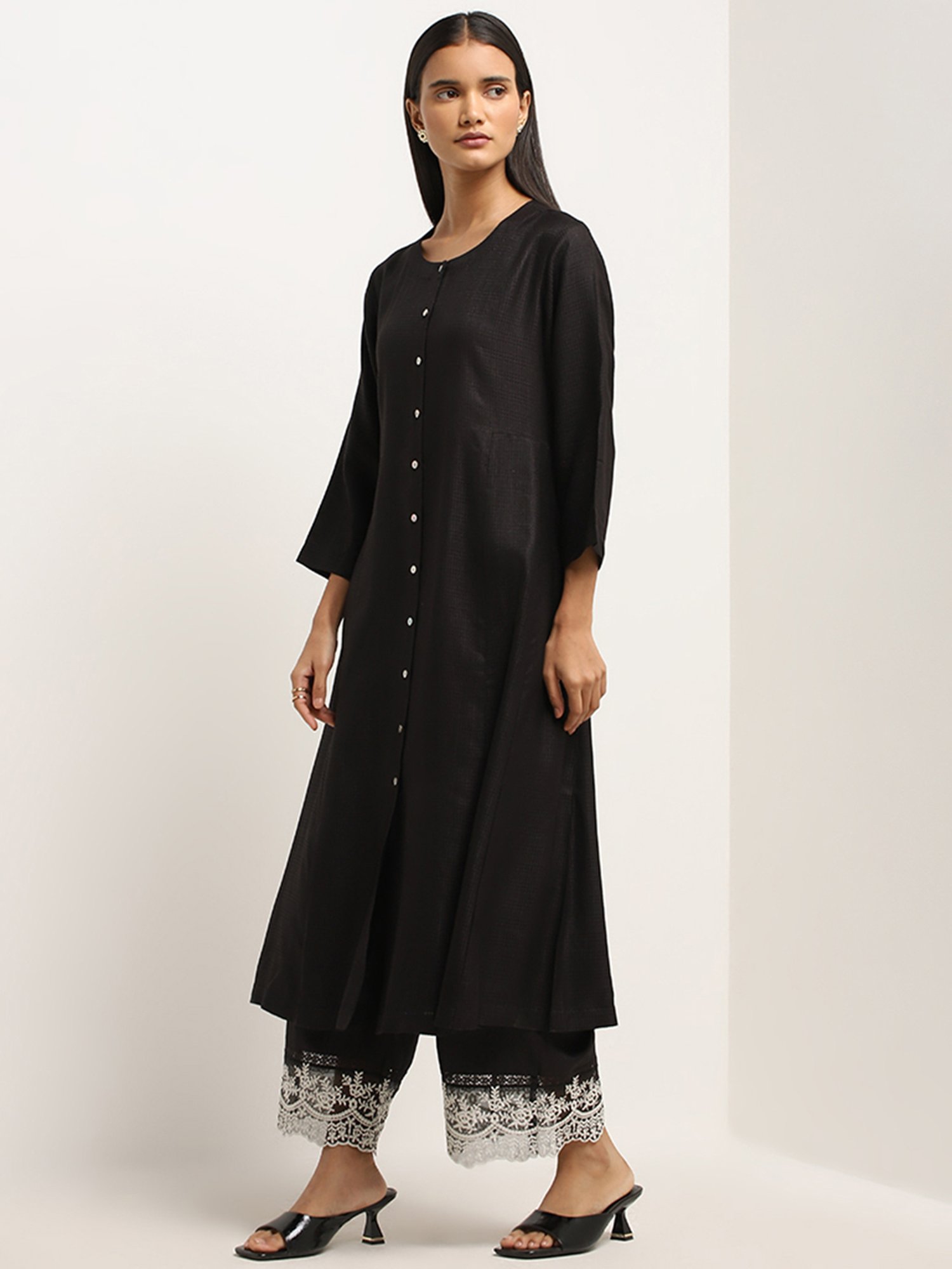 Zuba by Westside Black Floral Embroidered Mid-Rise Cotton Palazzos